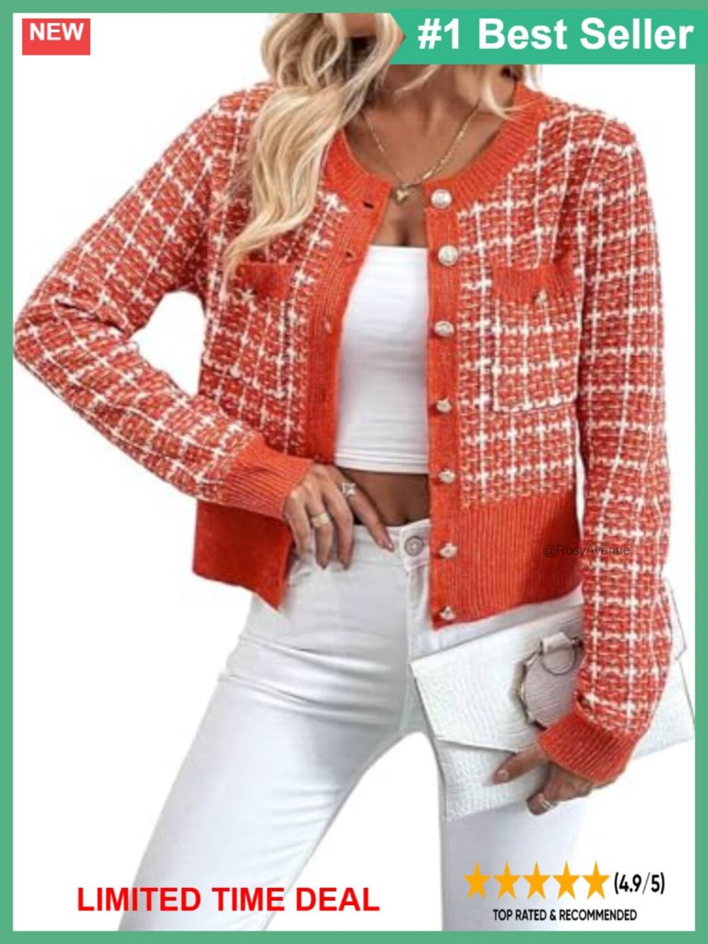Tweed Plaid Cardigan Blazer Button Front Crew Neck Long Sleeve Knit